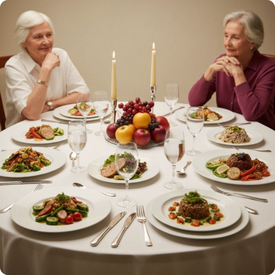 Duas senhoras desfrutando de uma refeição especial com mesa elegantemente posta